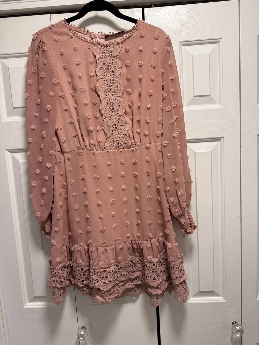 Simplee Apparel Dusty Rose Mini Dress with Lace & Pom Trim